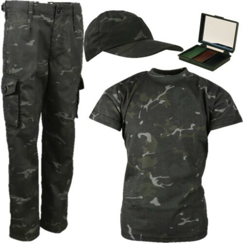 BOYS ARMY COSTUME T-SHIRT TROUSERS CAP FACE PAINT KIDS 3-13 YRS SAS BLACK CAMO