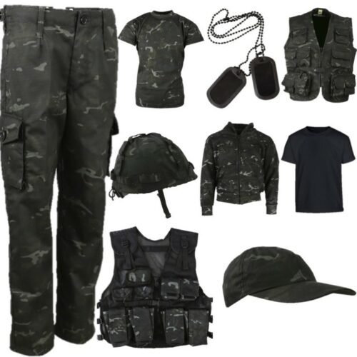 KIDS ARMY CLOTHING BOYS T-SHIRT TROUSERS VEST HELMET CAP HOODIE SAS BLACK CAMO