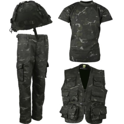 BOYS ARMY SOLDIER OUTFIT TROUSERS T-SHIRT HELMET & VEST KIDS 3-13 YRS BLACK CAMO