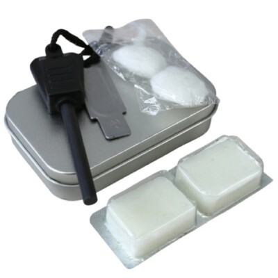 FIRE STARTER KIT STRIKER FUEL BLACK COTTON WOOL WILD CAMPING SURVIVAL TIN ARMY