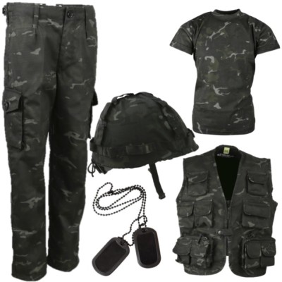 BOYS ARMY OUTFIT KIDS 3-13 YRS TROUSERS T-SHIRT HELMET VEST DOG TAGS BLACK CAMO