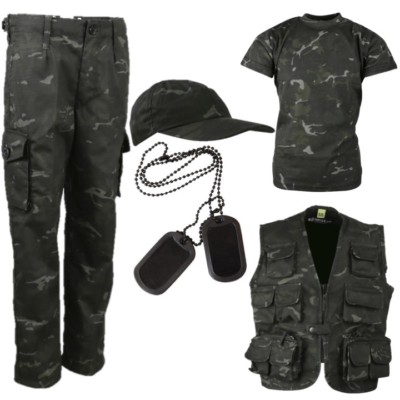 BOYS ARMY SOLDIER OUTFIT KIDS 3-13 TROUSERS CAP T-SHIRT VEST DOG TAGS BLACK CAMO