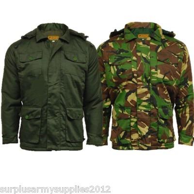 MENS PADDED SAFARI JACKET CAMOUFLAGE OLIVE COAT SMOCK S M FISHING SHOOTING EK