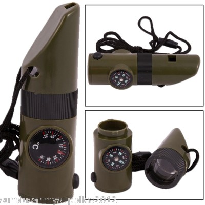 7 IN 1 SURVIVAL TOOL WHISTLE LED LIGHT COMPASS MIRROR THERMOMETER ARMY CADET