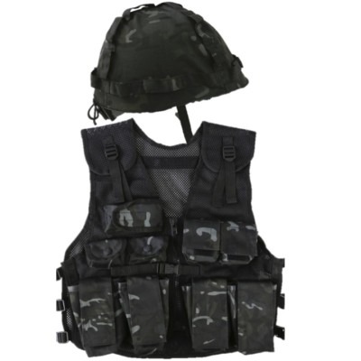 BOYS ARMY SOLDIER COSTUME KIDS ASSAULT VEST HELMET OUTFIT FANCY DRESS BLACK CAMO