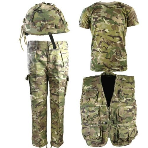 BOYS ARMY SOLDIER OUTFIT TROUSERS T-SHIRT HELMET & VEST KIDS 3-13 YEARS BTP CAMO
