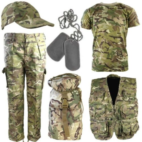 BOYS ARMY OUTFIT KIDS 3-13 TROUSERS CAP T-SHIRT VEST RUCKSACK DOG TAGS BTP CAMO