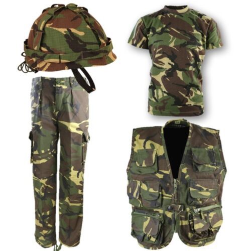 BOYS ARMY SOLDIER OUTFIT TROUSERS T-SHIRT HELMET & VEST KIDS 3-13 YEARS DPM CAMO