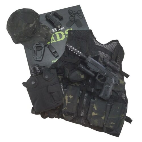 GIFT BOXED Boys Army Special Forces Set VEST TORCH Pistol WATERBOTTLE Black Camo