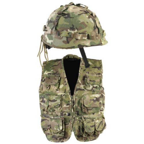 BOYS ARMY SOLDIER COSTUME TACTICAL VEST & HELMET OUTFIT KIDS 3-13 YRS BTP CAMO