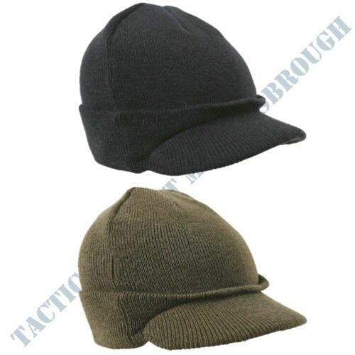 MENS ARMY STYLE PEAKED BEANIE HAT WW2 MILITARY HEADWEAR BLACK or OLIVE GREEN