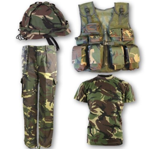 BOYS ARMY SOLDIER OUTFIT KIDS 3-13 TROUSERS T-SHIRT ASSAULT VEST HELMET DPM CAMO