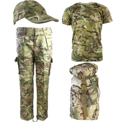 BOYS ARMY SOLDIER OUTFIT KIDS 3-13 YEARS TROUSERS T-SHIRT CAP RUCKSACK BTP CAMO