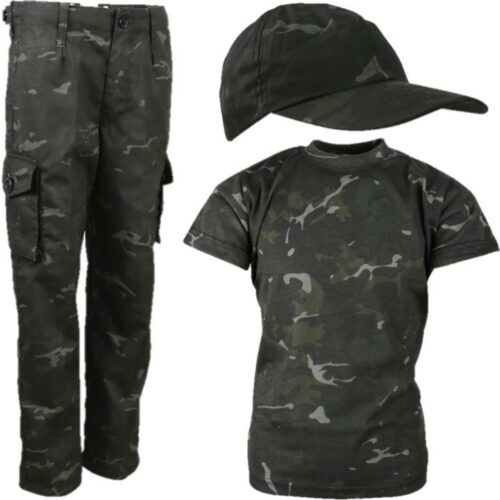 BOYS ARMY SOLDIER COSTUME TROUSERS T-SHIRT & CAP KIDS 3-13 YRS SAS BLACK CAMO