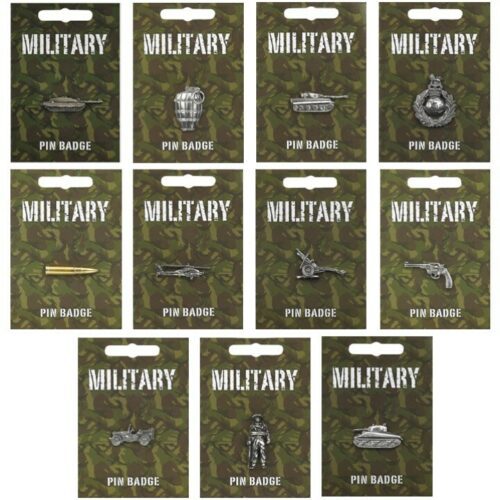 MILITARY PIN BADGE MENS KIDS GIFT ARMY RAF TANK COMMANDO SOLDIER PISTOL GRENADE