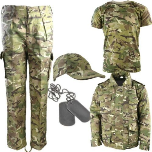 BOYS ARMY OUTFIT TROUSERS T-SHIRT PADDED COAT CAP DOG TAGS KIDS 3-13 BTP CAMO
