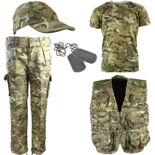 BOYS ARMY SOLDIER OUTFIT KIDS 3-13 TROUSERS CAP T-SHIRT VEST DOG TAGS BTP CAMO