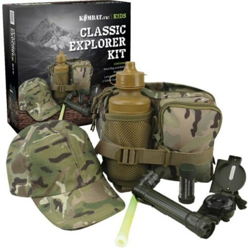 GIFT BOXED BOYS ARMY EXPLORER KIT CAP TORCH WAIST BAG WATER BOTTLE COMPASS BTP