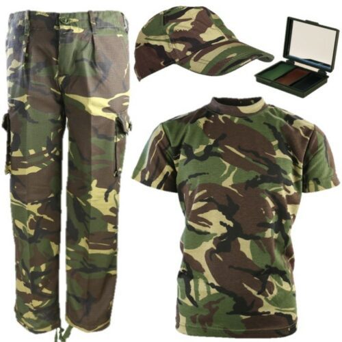 BOYS ARMY OUTFIT T-SHIRT TROUSERS CAP FACE PAINT KIDS 3-13 YRS DPM CAMOUFLAGE