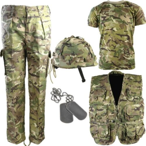 BOYS ARMY OUTFIT KIDS 3-13 YEARS TROUSERS T-SHIRT HELMET VEST DOG TAGS BTP CAMO