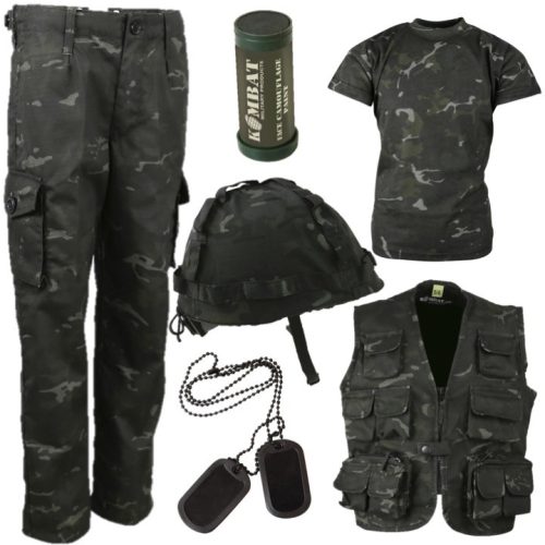 BOYS ARMY OUTFIT KIDS 3-13 TROUSERS T-SHIRT HELMET VEST TAGS PAINT BLACK CAMO
