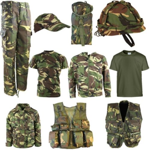 KIDS ARMY SOLDIER T-SHIRT TROUSERS VEST HELMET CAP COAT BAG BOYS DPM CAMO