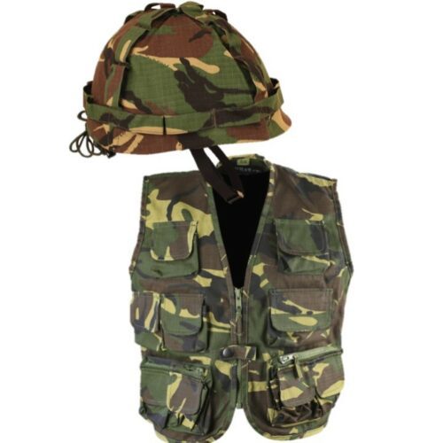 BOYS ARMY SOLDIER COSTUME TACTICAL VEST & HELMET OUTFIT KIDS 3-13 YRS DPM CAMO