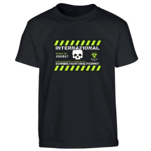 BOYS ZOMBIE HUNTING PERMIT T-SHIRT 5-6 7-8 9-10 12-13 100% COTTON TOP SKULL ARMY