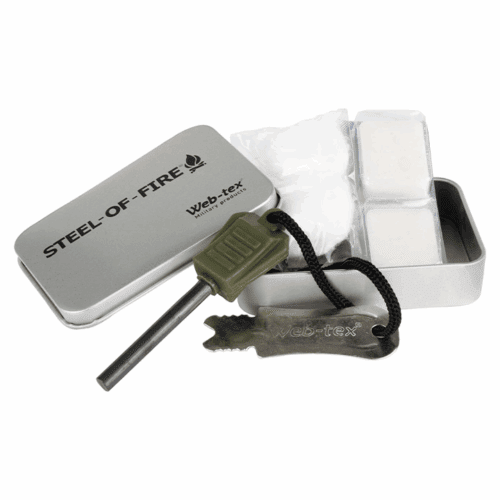 WEB-TEX STEEL OF FIRE STARTER KIT STRIKER FUEL TABLET COTTON WOOL SURVIVAL ARMY