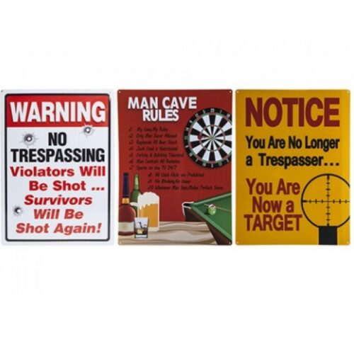LARGE TIN WALL PLAQUE SIGN MAN CAVE RULES TRESPASSERS WILL BE SHOT NOVELTY GIFT