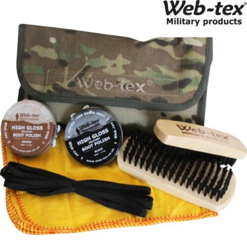 WEB-TEX BOOT CARE KIT CAMO POUCH BLACK & BROWN POLISH BRUSHES LACES MULTICAM MTP