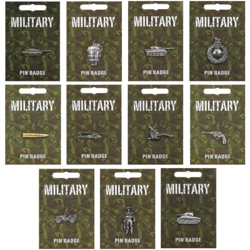 MILITARY PIN BADGE MENS KIDS GIFT ARMY RAF TANK COMMANDO SOLDIER PISTOL GRENADE