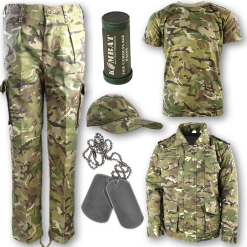 BOYS ARMY OUTFIT TROUSERS T-SHIRT PADDED COAT CAP DOG TAGS PAINT KIDS BTP CAMO