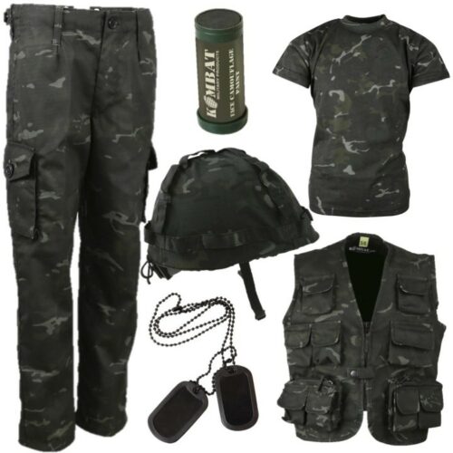 BOYS ARMY OUTFIT KIDS 3-13 TROUSERS T-SHIRT HELMET VEST TAGS PAINT BLACK CAMO