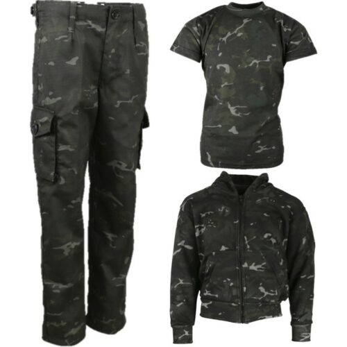 BOYS ARMY COSTUME KIDS 3-13 YRS TROUSERS T-SHIRT HOODIE JACKET OUTFIT BLACK CAMO
