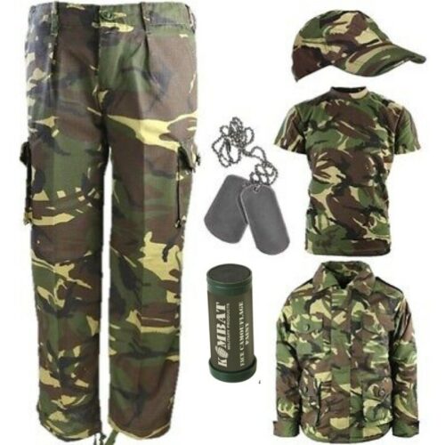 BOYS ARMY OUTFIT TROUSERS T-SHIRT PADDED COAT CAP DOG TAGS PAINT KIDS DPM CAMO
