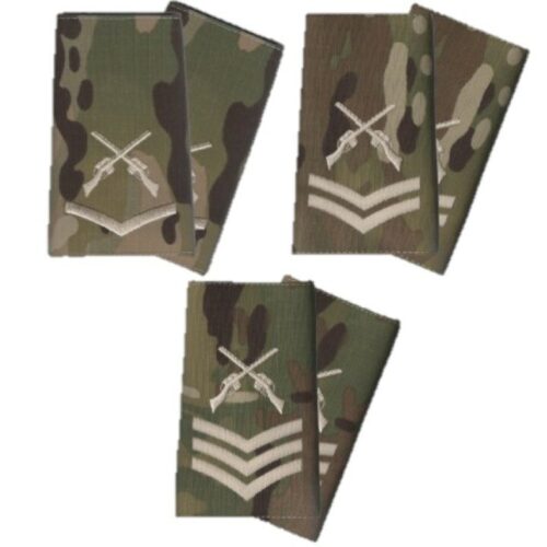 PAIR MTP CAMO RANK SLIDES CROSSED RIFLES IVORY THREAD BRITISH ARMY SKILL AT ARMS