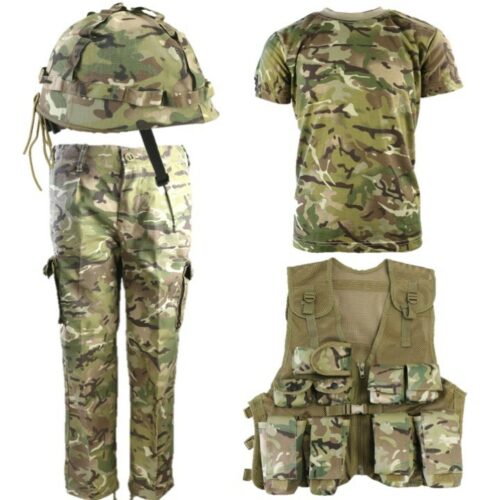 BOYS ARMY SOLDIER OUTFIT KIDS 3-13 TROUSERS T-SHIRT ASSAULT VEST HELMET BTP CAMO