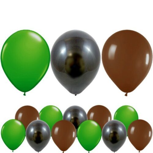 12pk Army Latex Balloons 12" Green Black & Brown Boys Military Party Decorations
