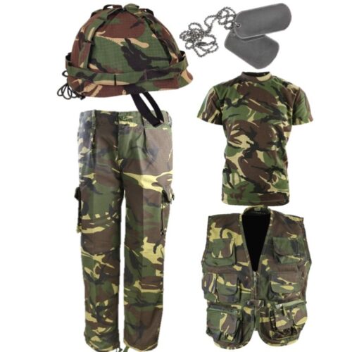 BOYS ARMY OUTFIT KIDS 3-13 YEARS TROUSERS T-SHIRT HELMET VEST DOG TAGS DPM CAMO