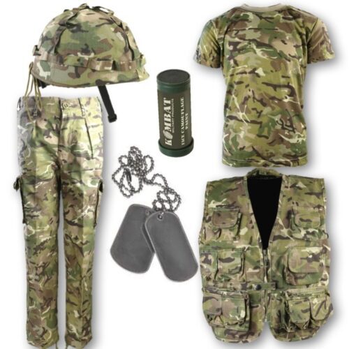 BOYS ARMY OUTFIT KIDS 3-13 TROUSERS T-SHIRT HELMET VEST DOG TAGS PAINT BTP CAMO