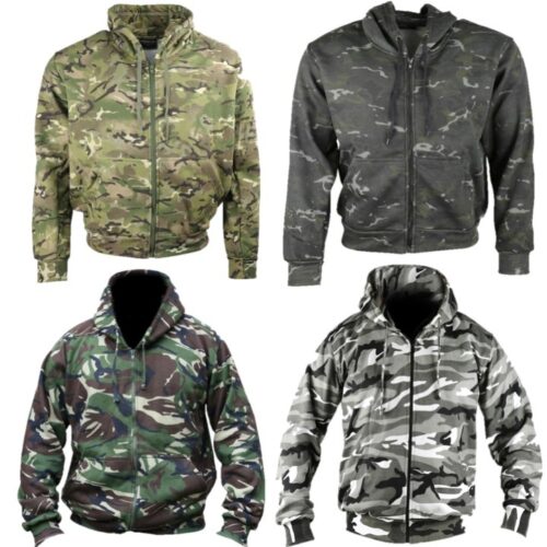 Mens Camouflage Zip Hoodie Jacket S-3XL Army Camo Hoody DPM Black BTP MTP Urban