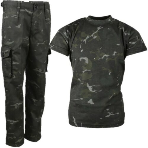 BOYS ARMY SOLDIER COSTUME T-SHIRT & TROUSERS OUTFIT KIDS 3-13 SAS BLACK CAMO