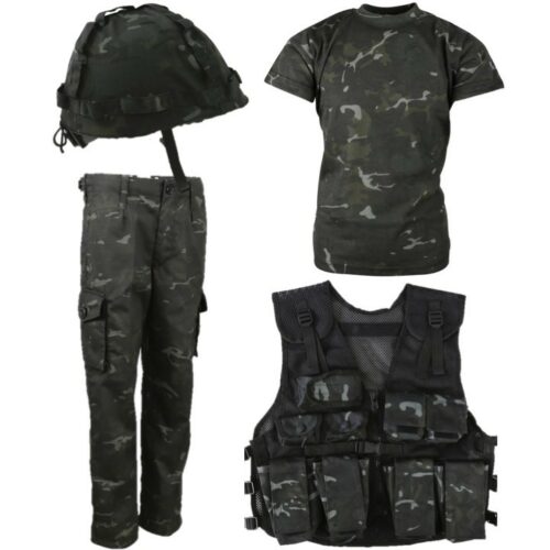 BOYS ARMY SOLDIER OUTFIT KIDS TROUSERS T-SHIRT ASSAULT VEST HELMET BLACK CAMO