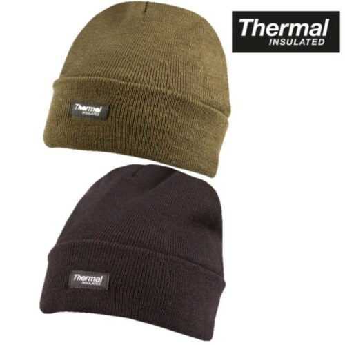 MENS STRETCHY THERMAL LINED BOB BEANIE HAT INSULATED GREEN BLACK ARMY HEADWEAR