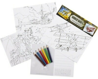 KIDS MILITARY WW1 EDUCATIONAL COLOURING POSTCARDS & PENCILS & INFO LEARNING