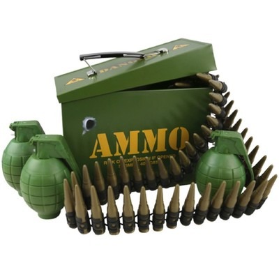 KIDS ARMY AMMO GIFT TIN FULLY LOADED BULLET BELT 3 GRENADES BOYS SOLDIER PLAY