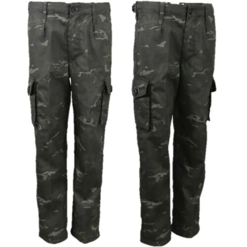 KIDS ARMY TROUSERS AGE 3-13 RIPSTOP BOYS SOLDIER FANCY DRESS SAS BLACK CAMO