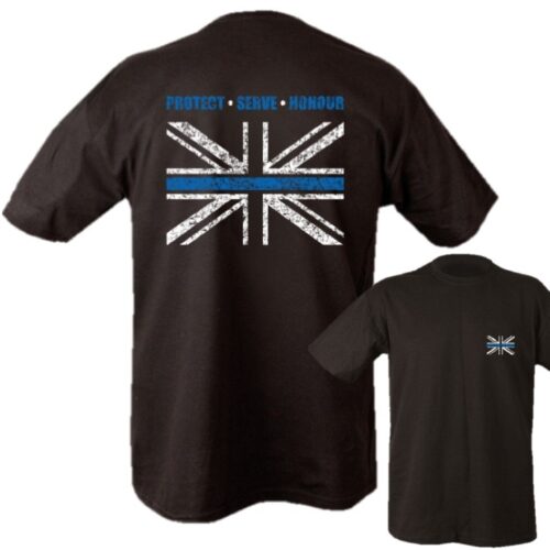 POLICE T-SHIRT MENS S-2XL PROTECT SERVE 100% COTTON THIN BLUE LINE UNION JACK