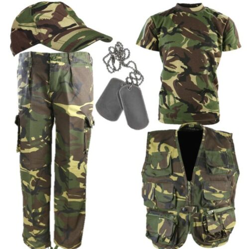 BOYS ARMY SOLDIER OUTFIT KIDS 3-13 TROUSERS CAP T-SHIRT VEST DOG TAGS DPM CAMO